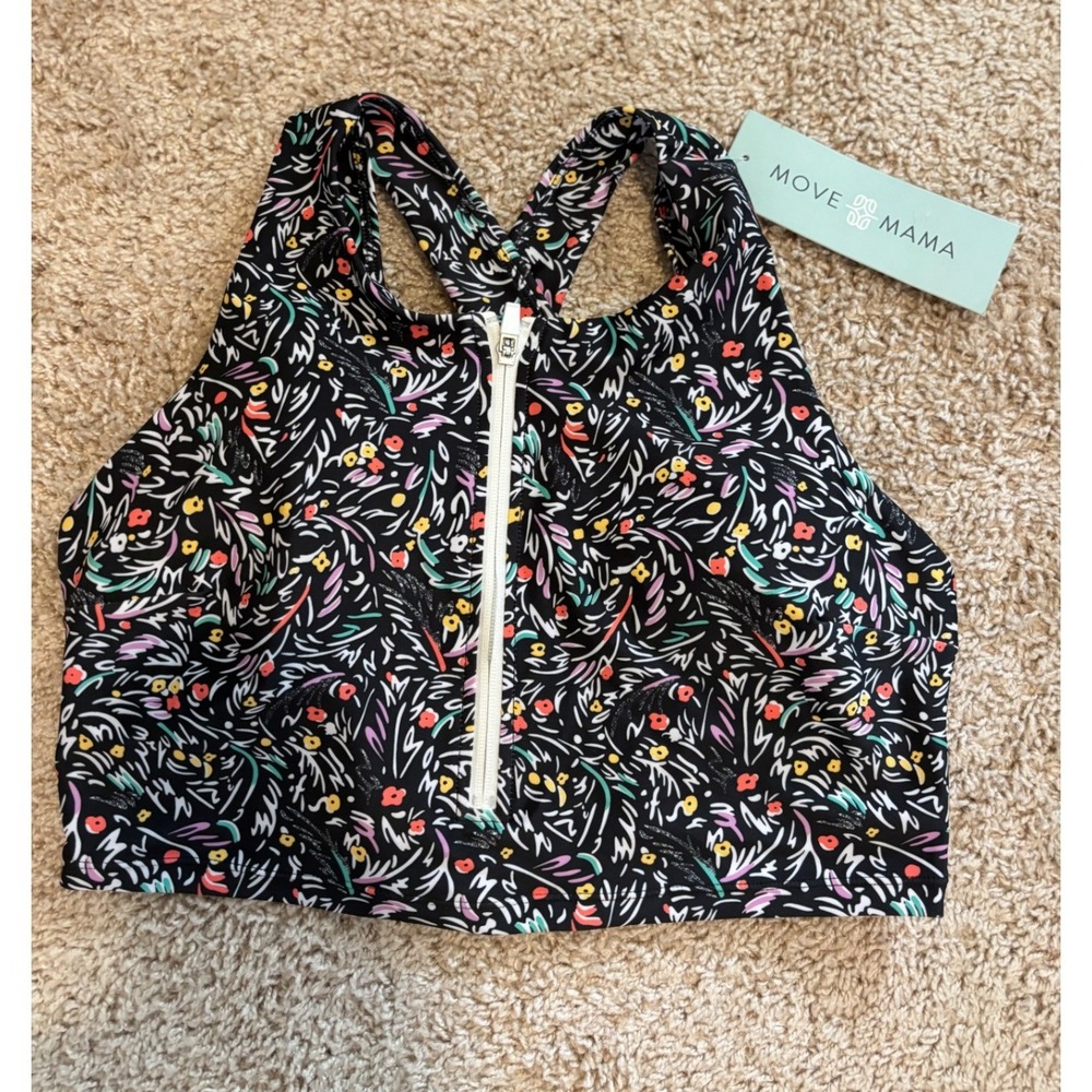 Move Mama Apparel Nursing Sports Bra Floral Front Zip Black Multi color Large